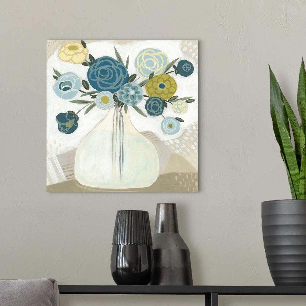 A modern room featuring Thin brush strokes over solid circular shapes create blue and yellow flowers arranged in a clear ...