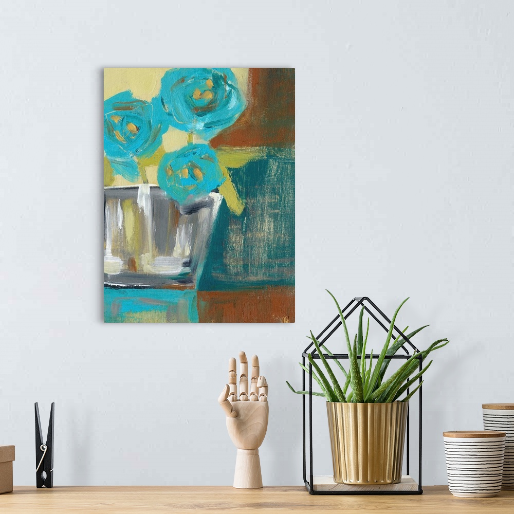 A bohemian room featuring Contemporary painting of a small bouquet of blue flowers against a brown and tan abstract backgro...
