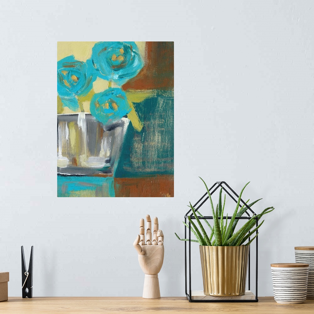A bohemian room featuring Contemporary painting of a small bouquet of blue flowers against a brown and tan abstract backgro...