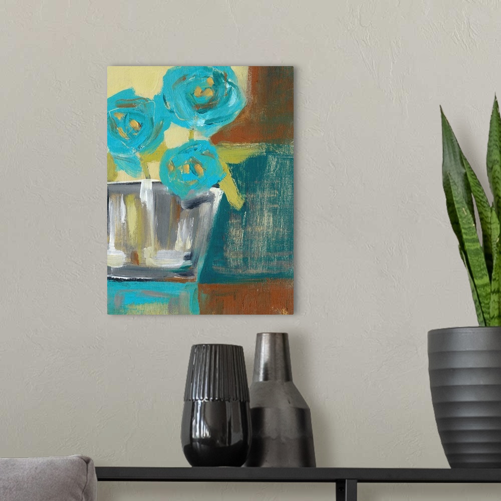 A modern room featuring Contemporary painting of a small bouquet of blue flowers against a brown and tan abstract backgro...