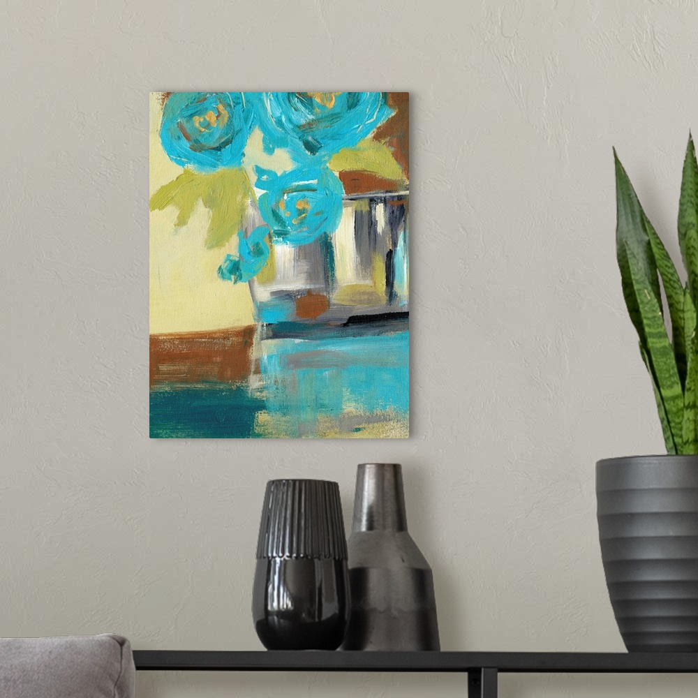A modern room featuring Contemporary painting of a small bouquet of blue flowers against a brown and tan abstract backgro...
