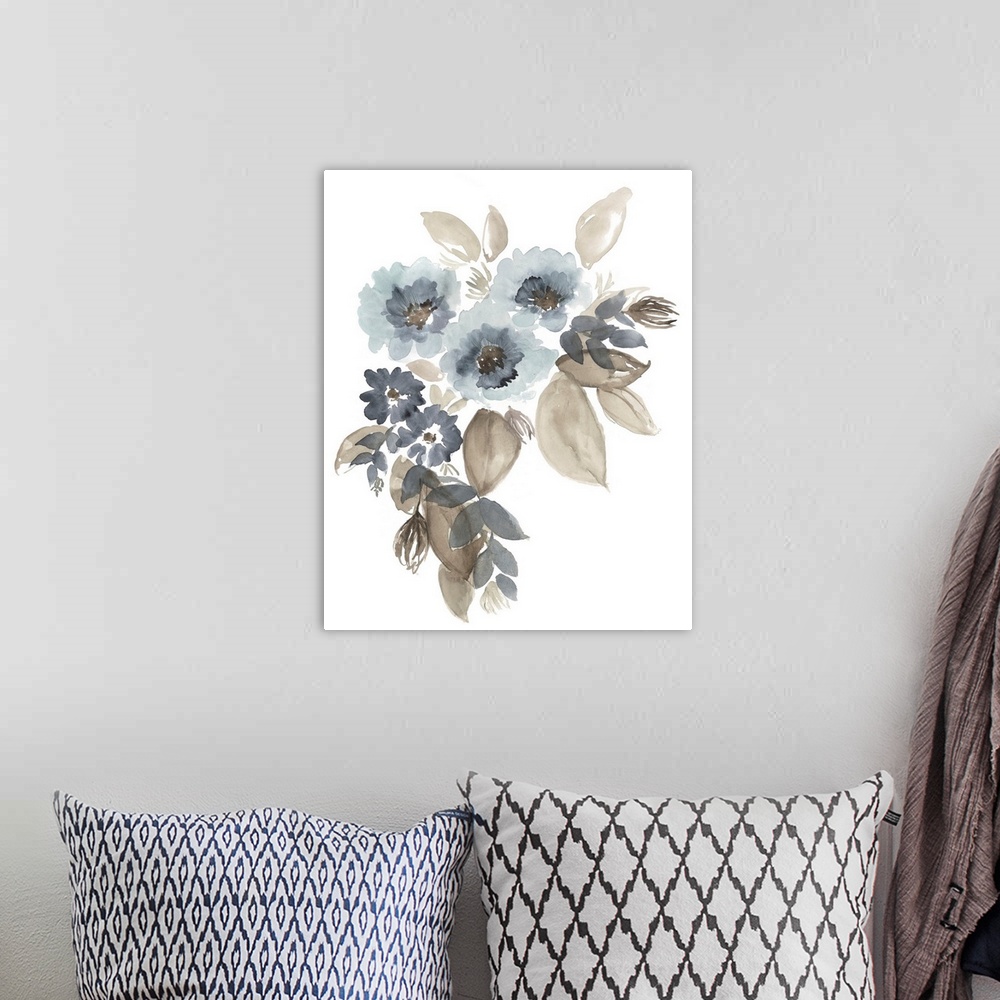 A bohemian room featuring A simple, loose watercolor floral image in complimentary shades of pale, inky blue and warm taupe.