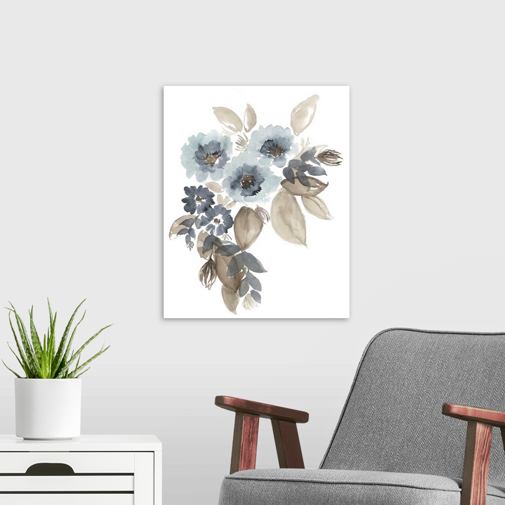 A modern room featuring A simple, loose watercolor floral image in complimentary shades of pale, inky blue and warm taupe.