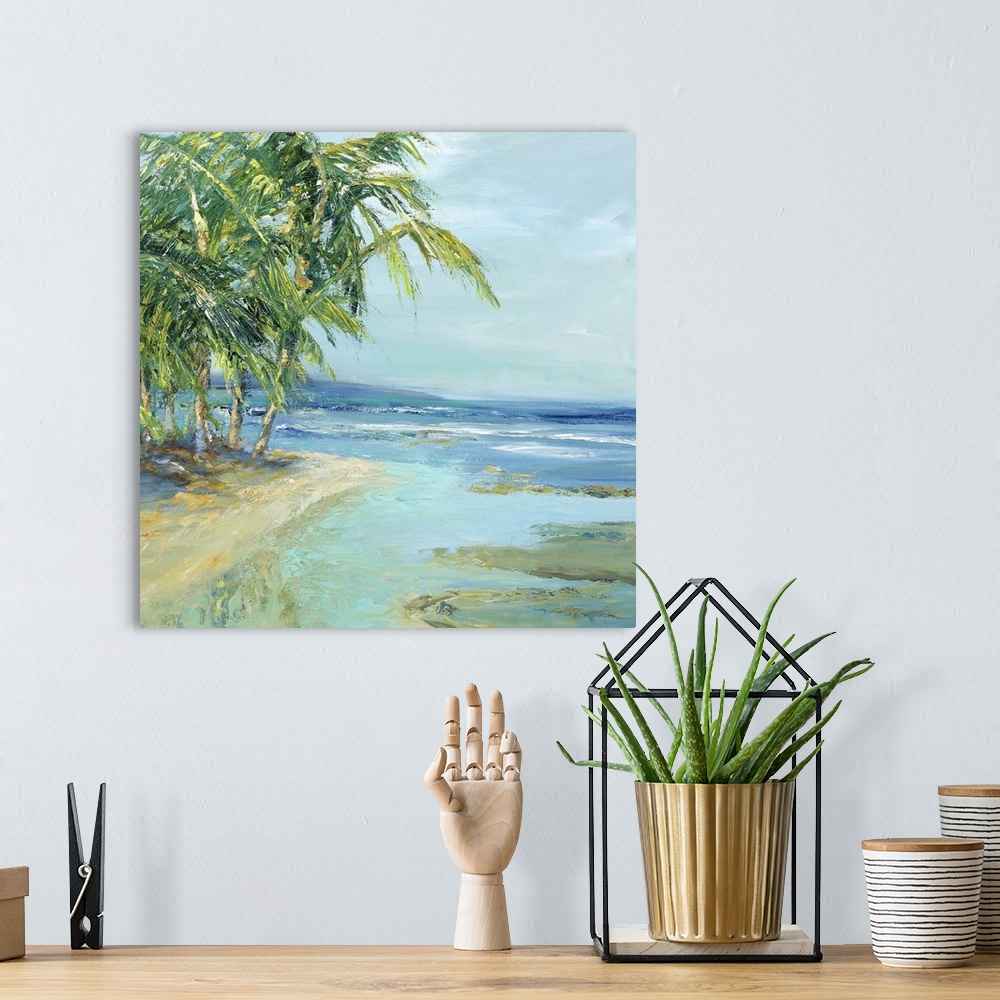 A bohemian room featuring Contemporary artwork featuring lively brush strokes to create a relaxing beach scene.
