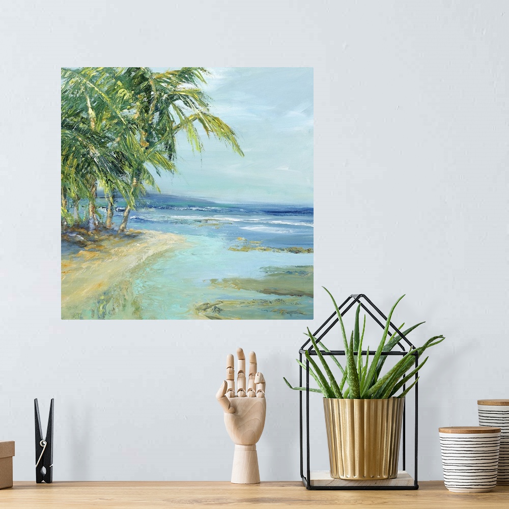 A bohemian room featuring Contemporary artwork featuring lively brush strokes to create a relaxing beach scene.