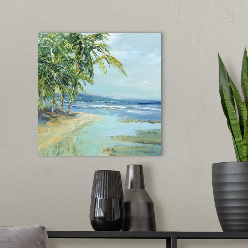 A modern room featuring Contemporary artwork featuring lively brush strokes to create a relaxing beach scene.