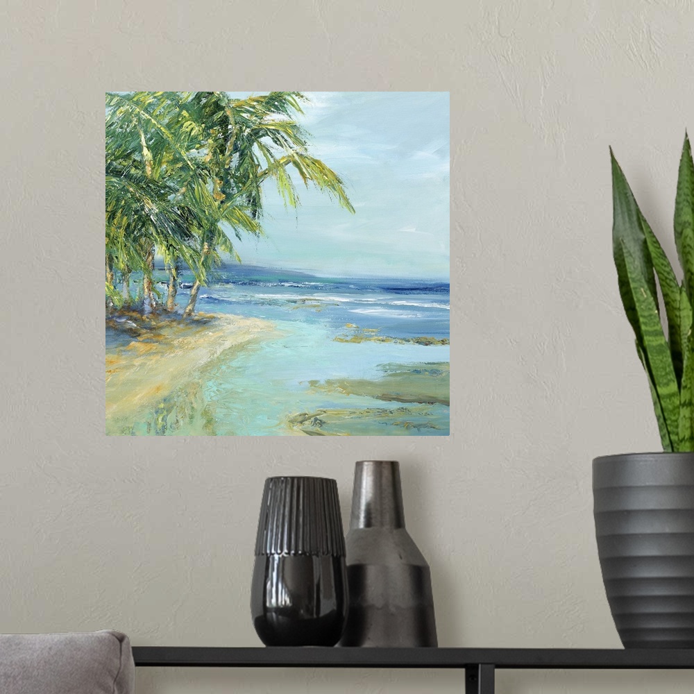 A modern room featuring Contemporary artwork featuring lively brush strokes to create a relaxing beach scene.