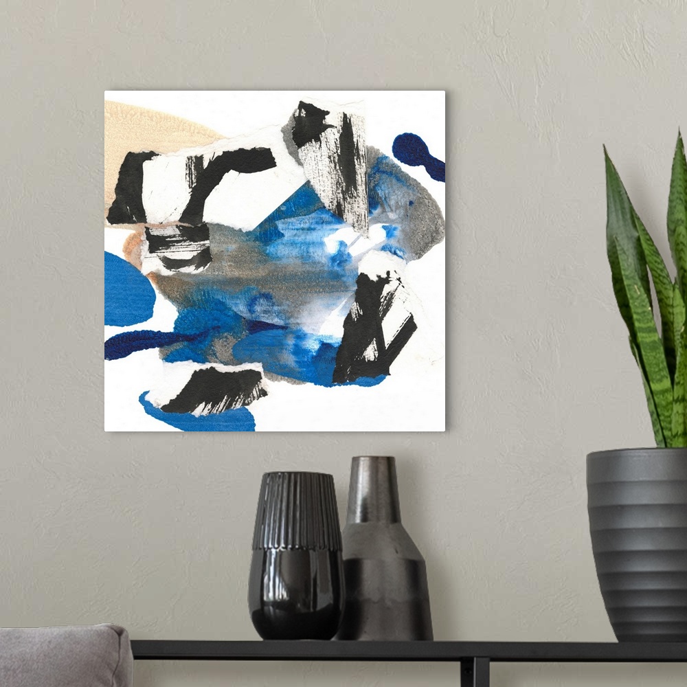 A modern room featuring Blue Collage I