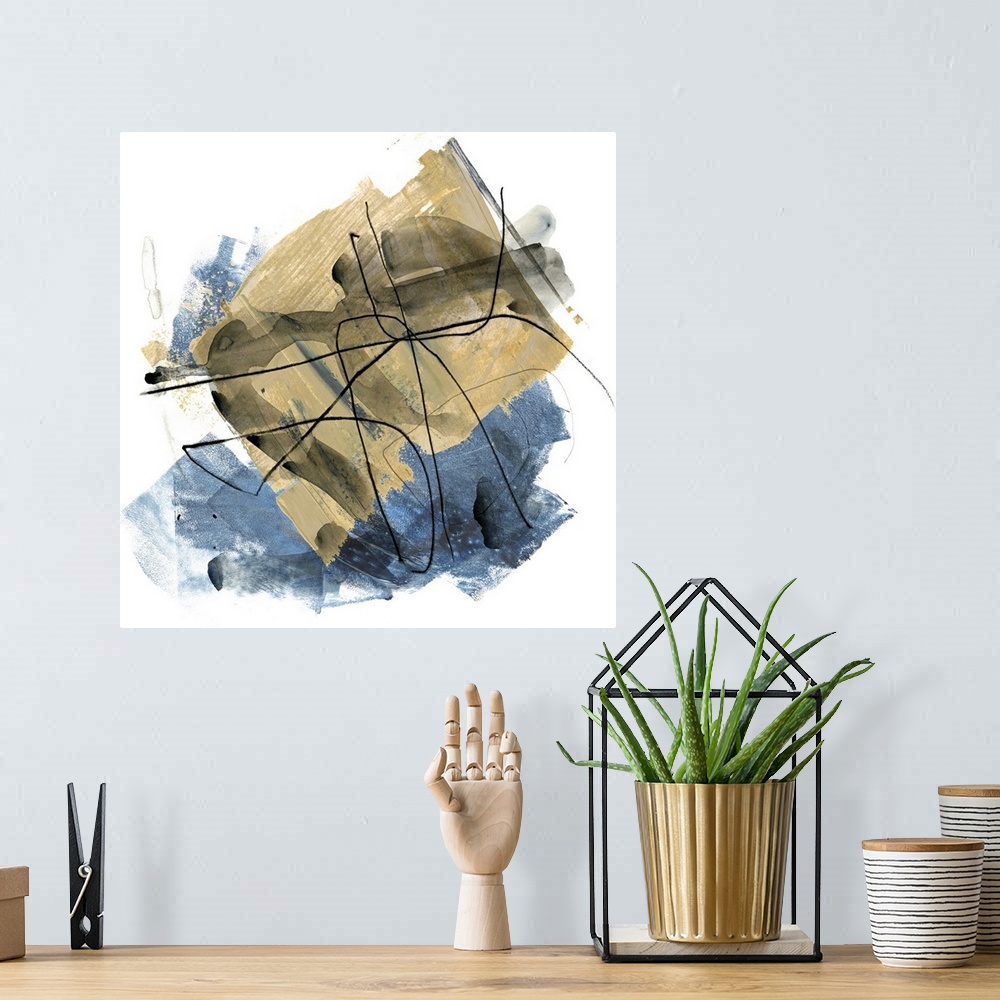 A bohemian room featuring Abstract painting of blue and brown tones with a overlay of chaotic thin black lines, on a white ...