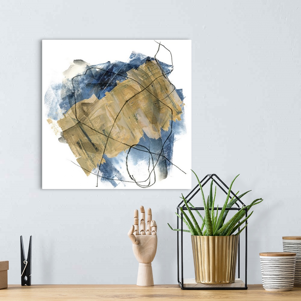 A bohemian room featuring Abstract painting of blue and brown tones with a overlay of chaotic thin black lines, on a white ...
