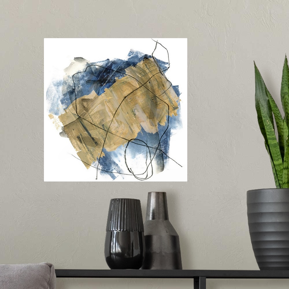 A modern room featuring Abstract painting of blue and brown tones with a overlay of chaotic thin black lines, on a white ...