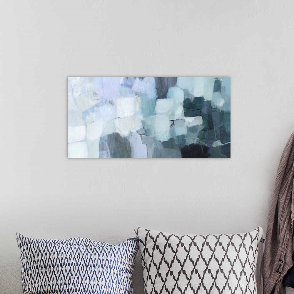 A bohemian room featuring A blocky, horizontal abstract image in seaglass shades of aqua, pale grey, light blue and dark te...