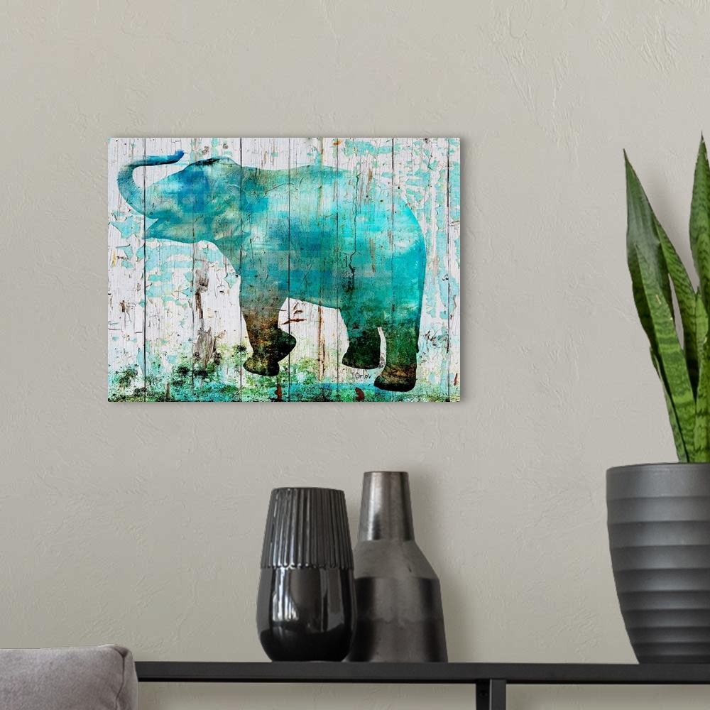 A modern room featuring Decorative art featuring a blue silhouette of an elephant over wood boards that are cracking and ...
