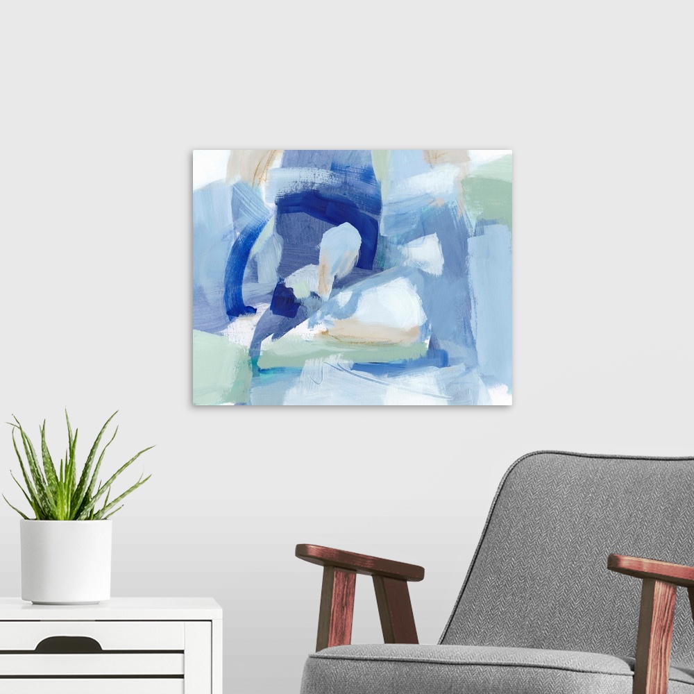 A modern room featuring Contemporary painting of organic forms in shades of blue and white.