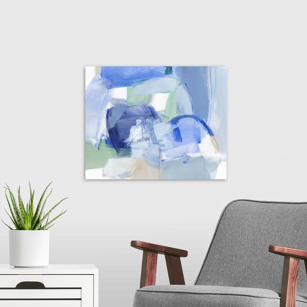 A modern room featuring Contemporary painting of organic forms in shades of blue and white.