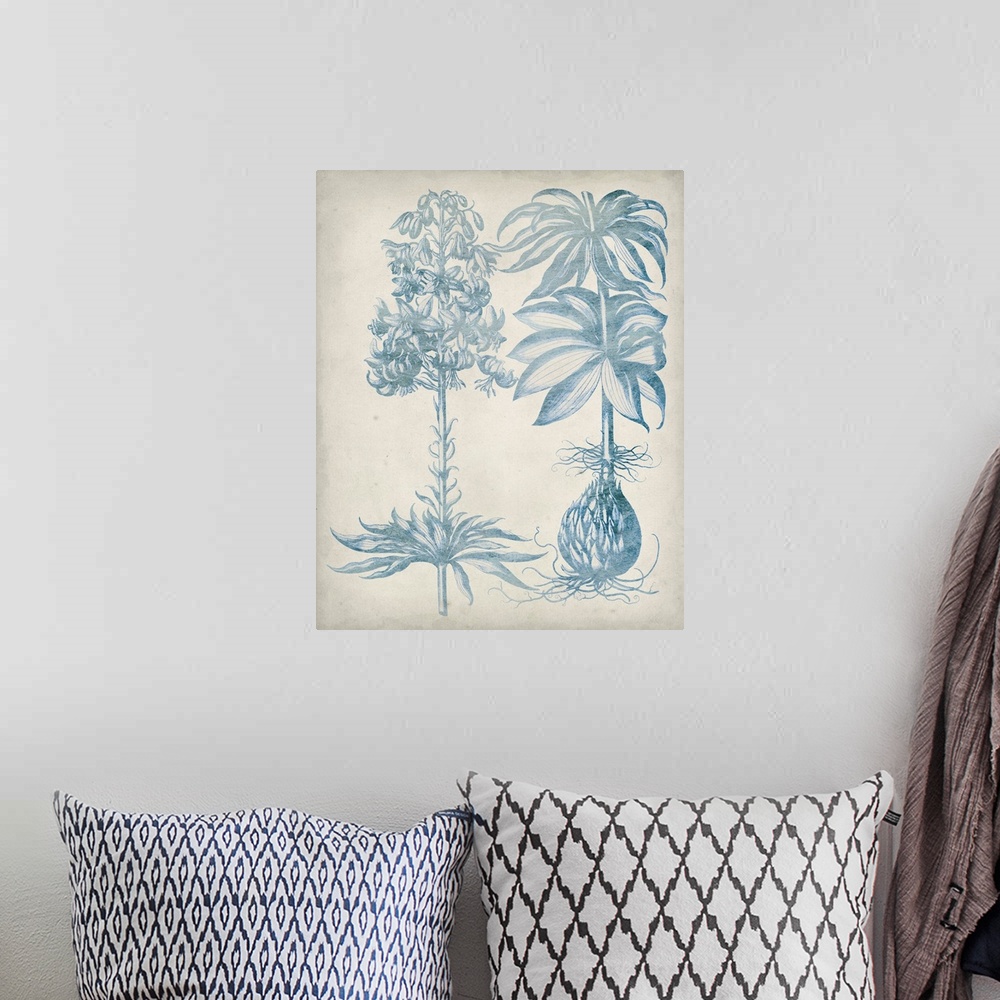 A bohemian room featuring This line illustration has a vintage faded style and features two plants showing the blossoms or ...