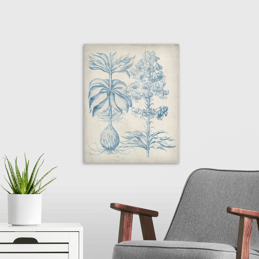 A modern room featuring This line illustration has a vintage faded style and features two plants showing the blossoms or ...