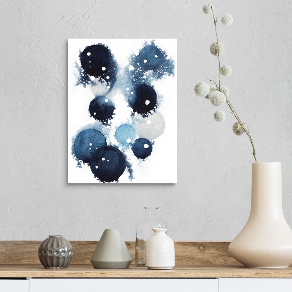 A farmhouse room featuring Contemporary abstract artwork of blue globular shapes with bleed stretching out into empty space.