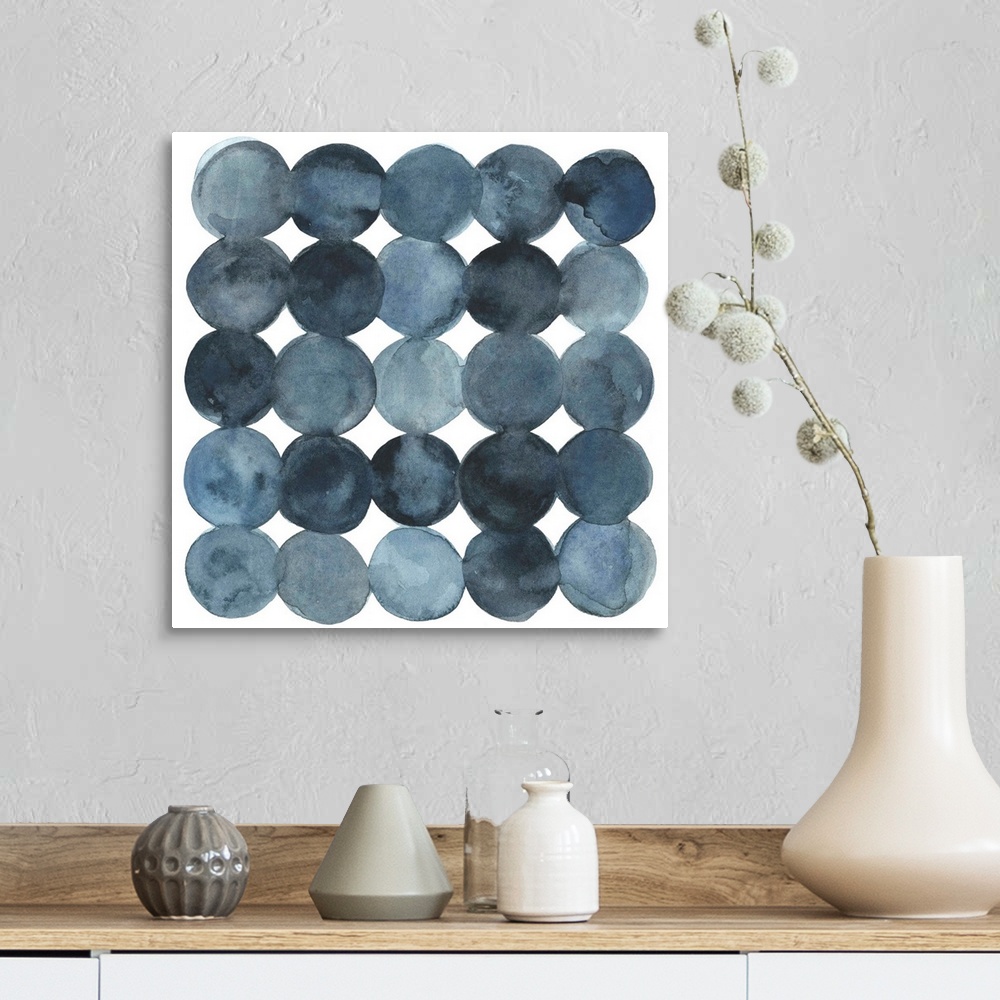 A farmhouse room featuring Dot-patterned abstract watercolor painting of blue-gray tones.