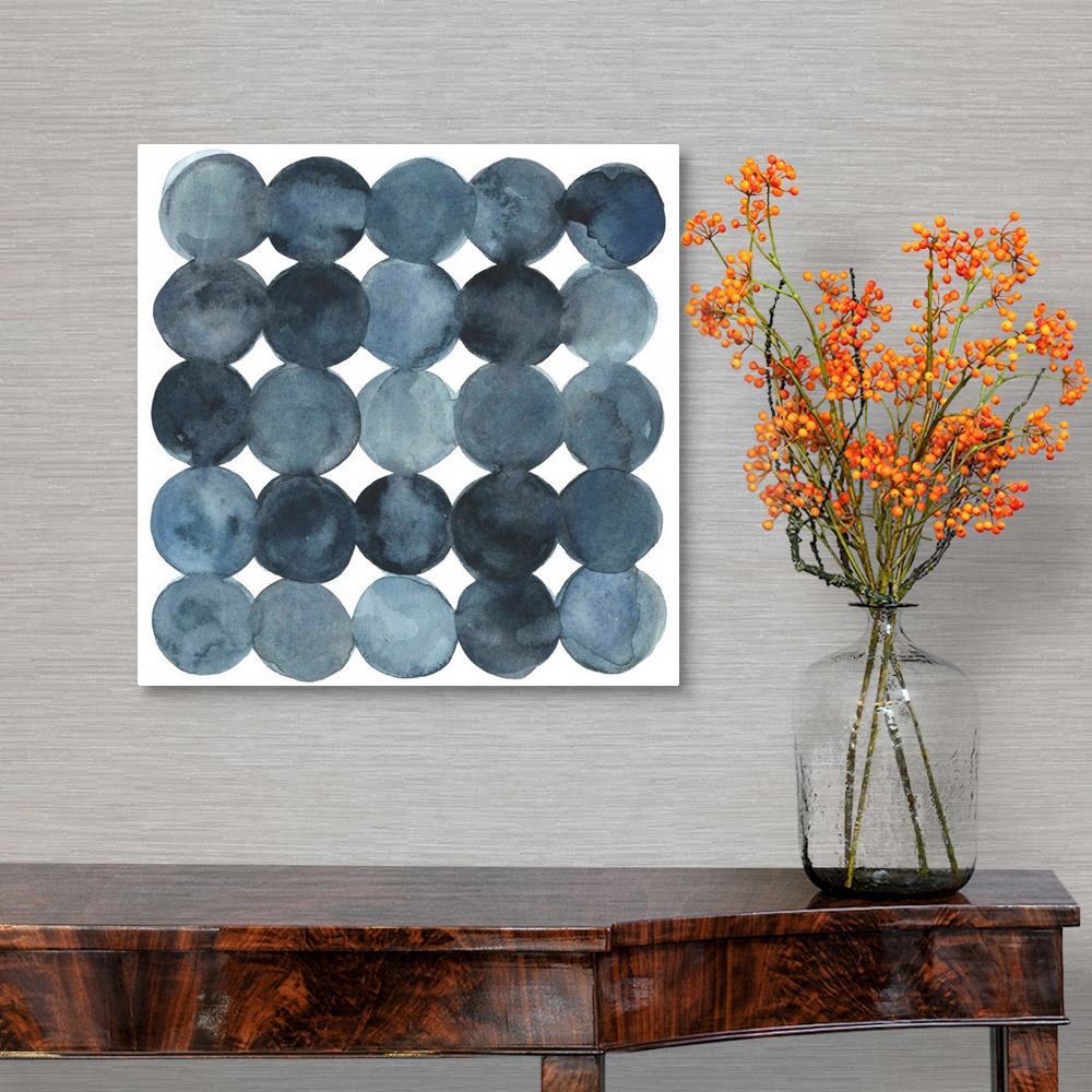 A traditional room featuring Dot-patterned abstract watercolor painting of blue-gray tones.