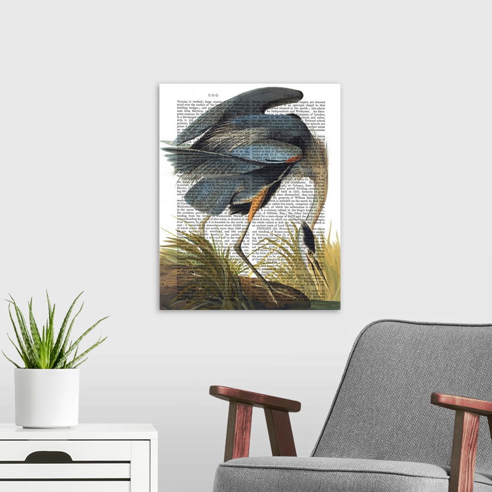 A modern room featuring A blue heron painted over a vintage dictionary page.