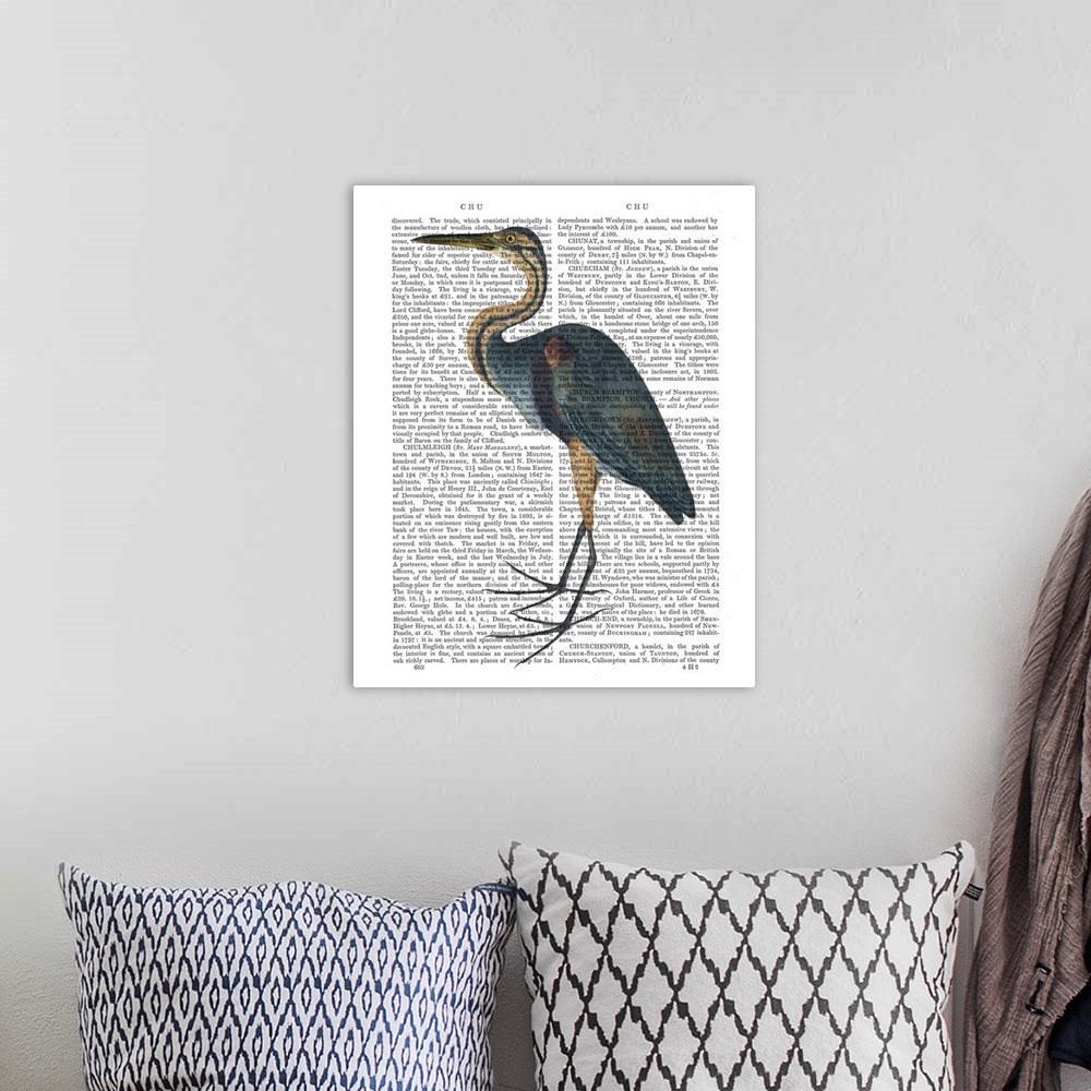 A bohemian room featuring A heron painted over a vintage dictionary page.