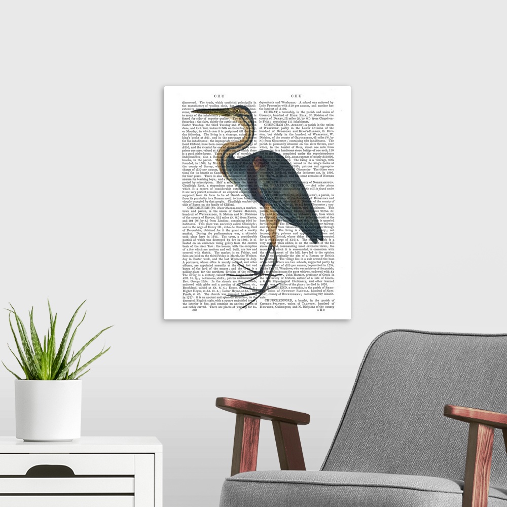 A modern room featuring A heron painted over a vintage dictionary page.