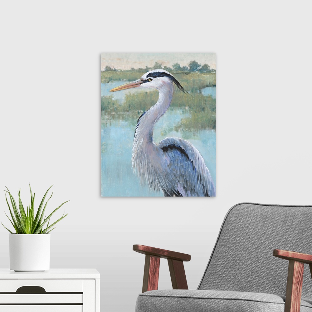 A modern room featuring Blue Heron Portrait I