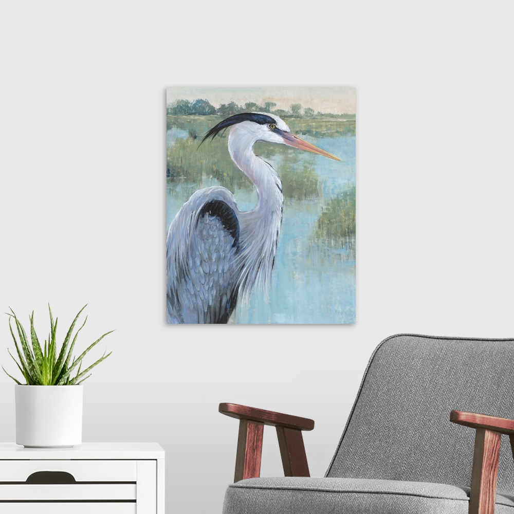A modern room featuring Blue Heron Portrait II