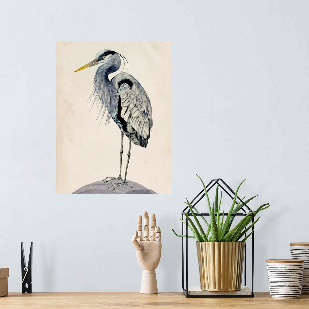 A bohemian room featuring Detailed painted illustration of a blue heron sitting on a rock.