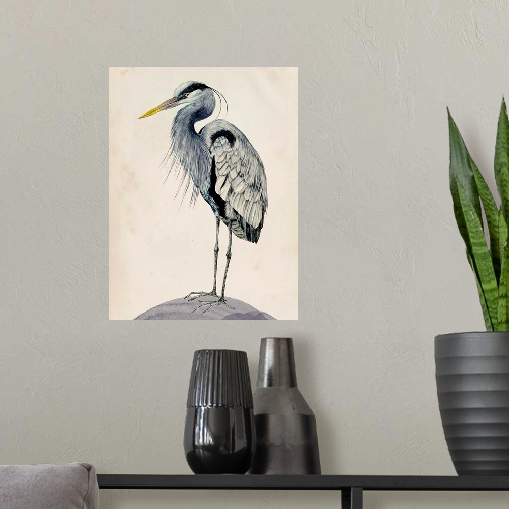 A modern room featuring Detailed painted illustration of a blue heron sitting on a rock.