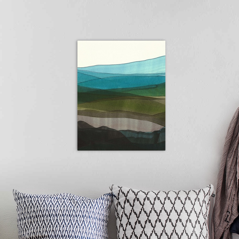 A bohemian room featuring Contemporary abstract painting resembling a mountainous valley made of different color sheets.
