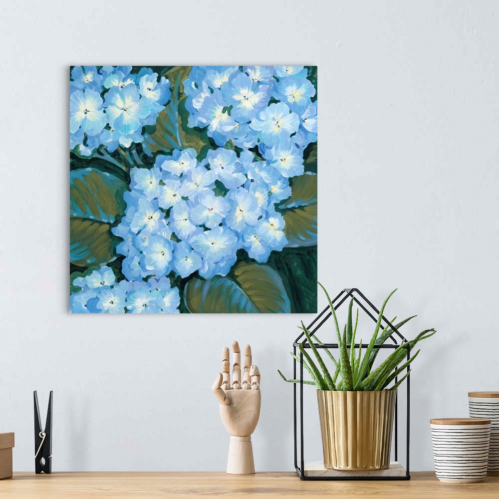 A bohemian room featuring Painting of blue hydrangea flowers close-up.