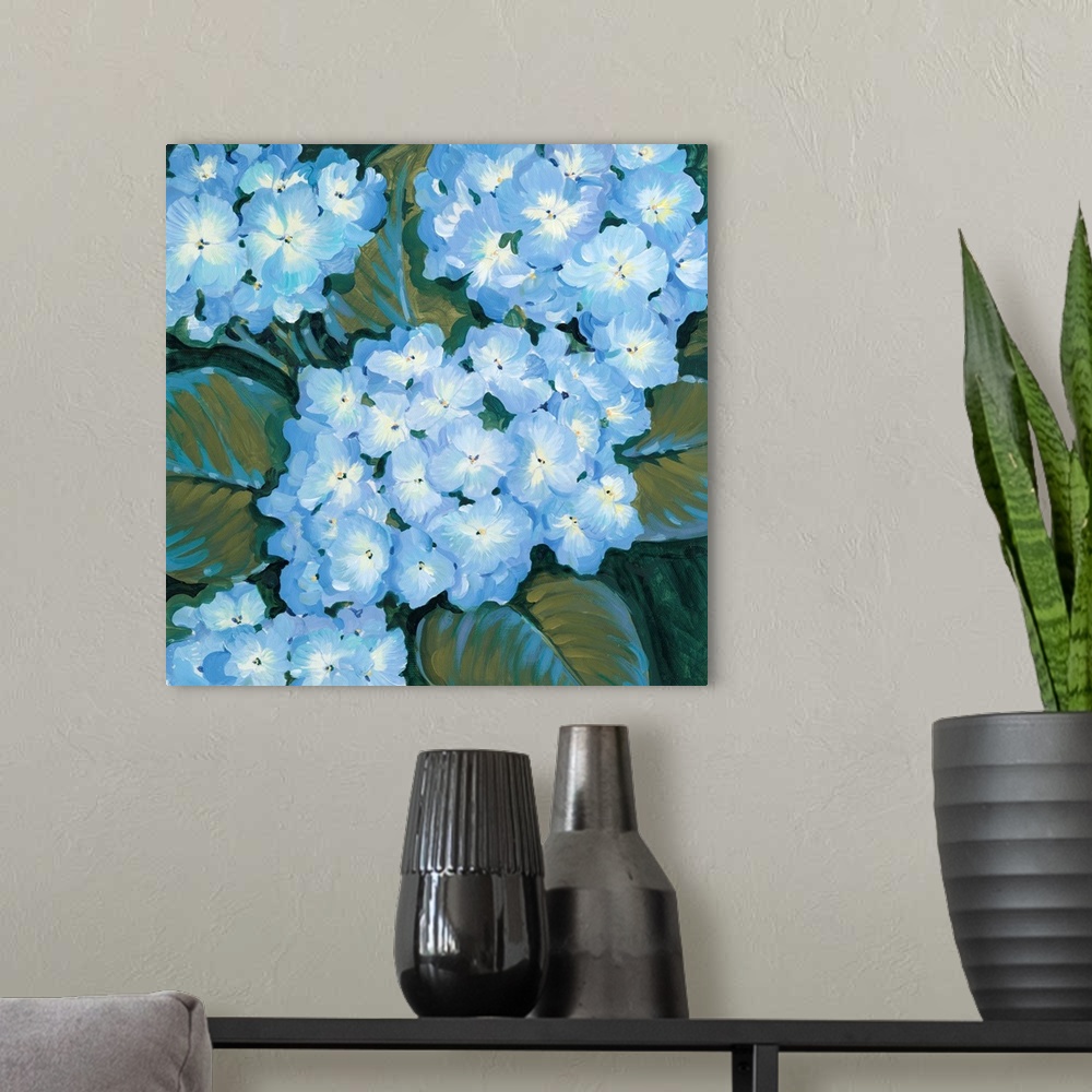 A modern room featuring Painting of blue hydrangea flowers close-up.
