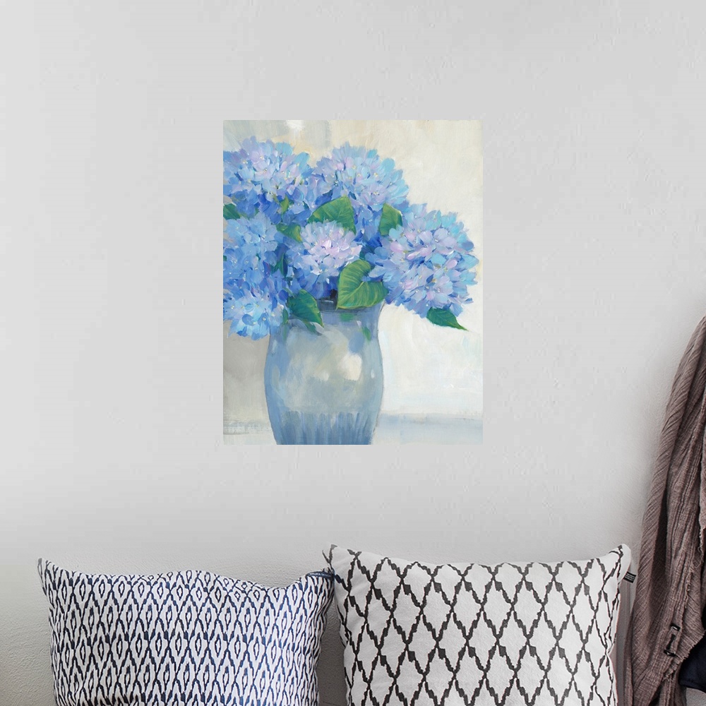 A bohemian room featuring Blue Hydrangeas In Vase I