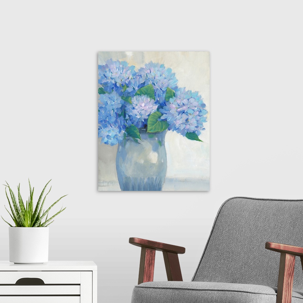 A modern room featuring Blue Hydrangeas In Vase I