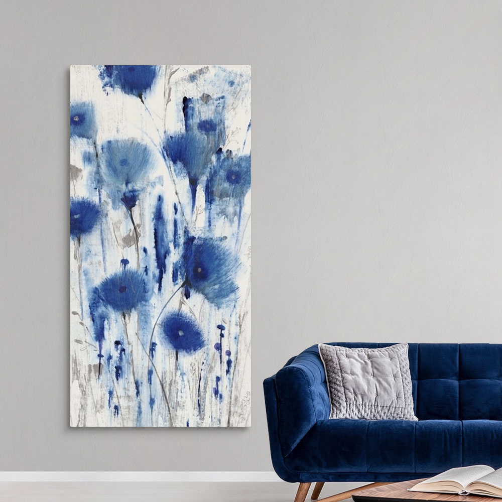 A modern room featuring Contemporary painting of soft blue flowers on white.
