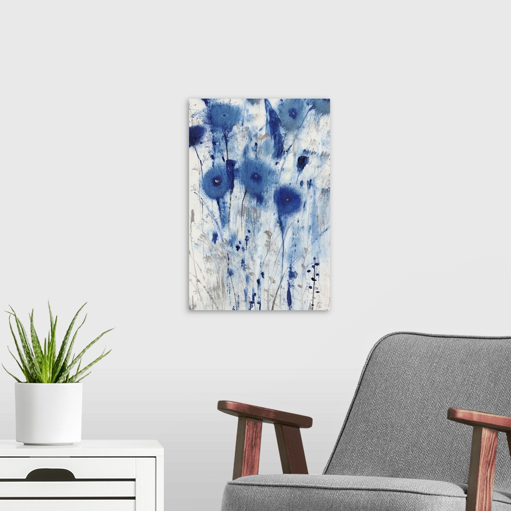 A modern room featuring Contemporary painting of soft blue flowers on white.