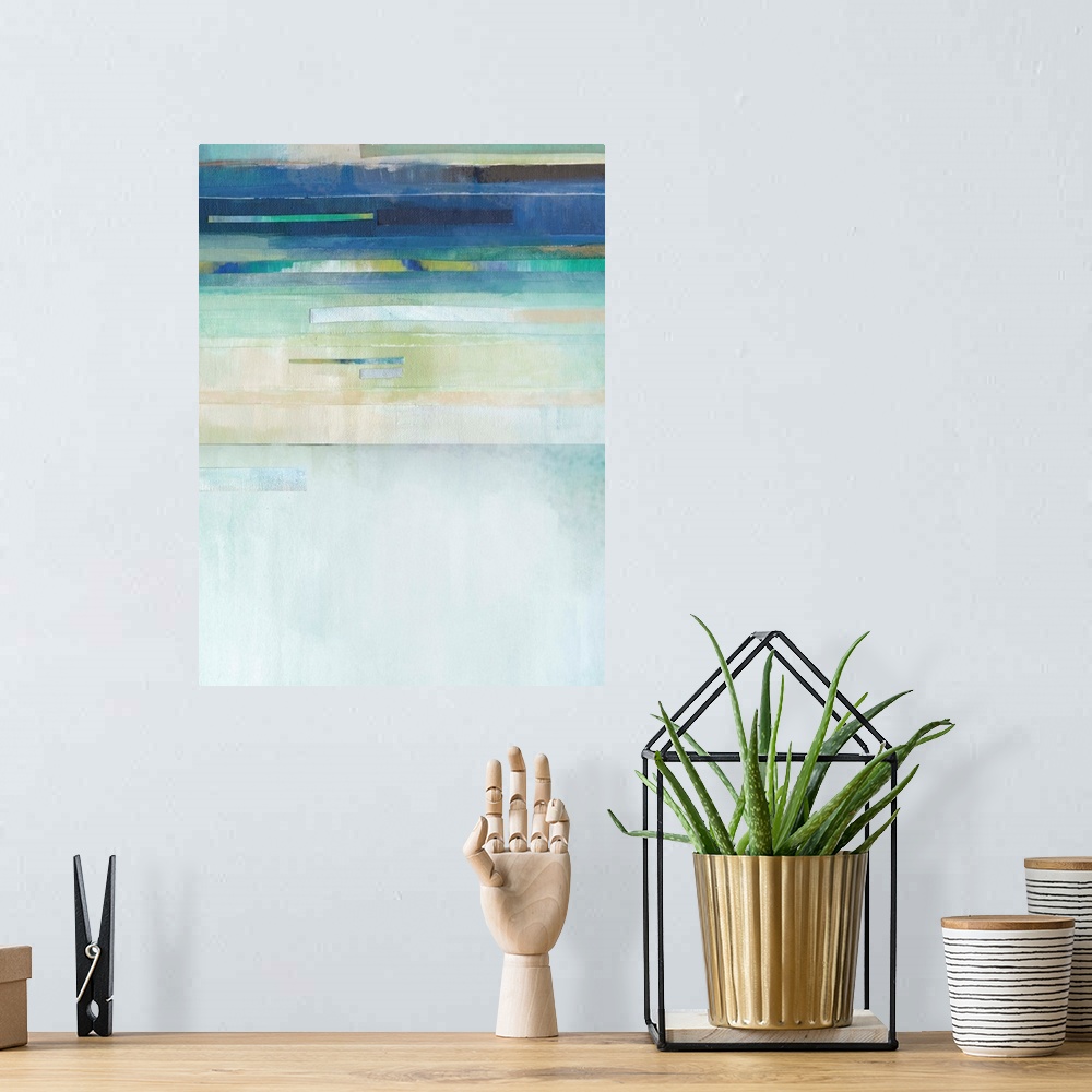 A bohemian room featuring Abstract painting in blue, green, brown, and nude hues with layered lines at the top.