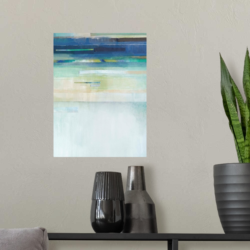 A modern room featuring Abstract painting in blue, green, brown, and nude hues with layered lines at the top.