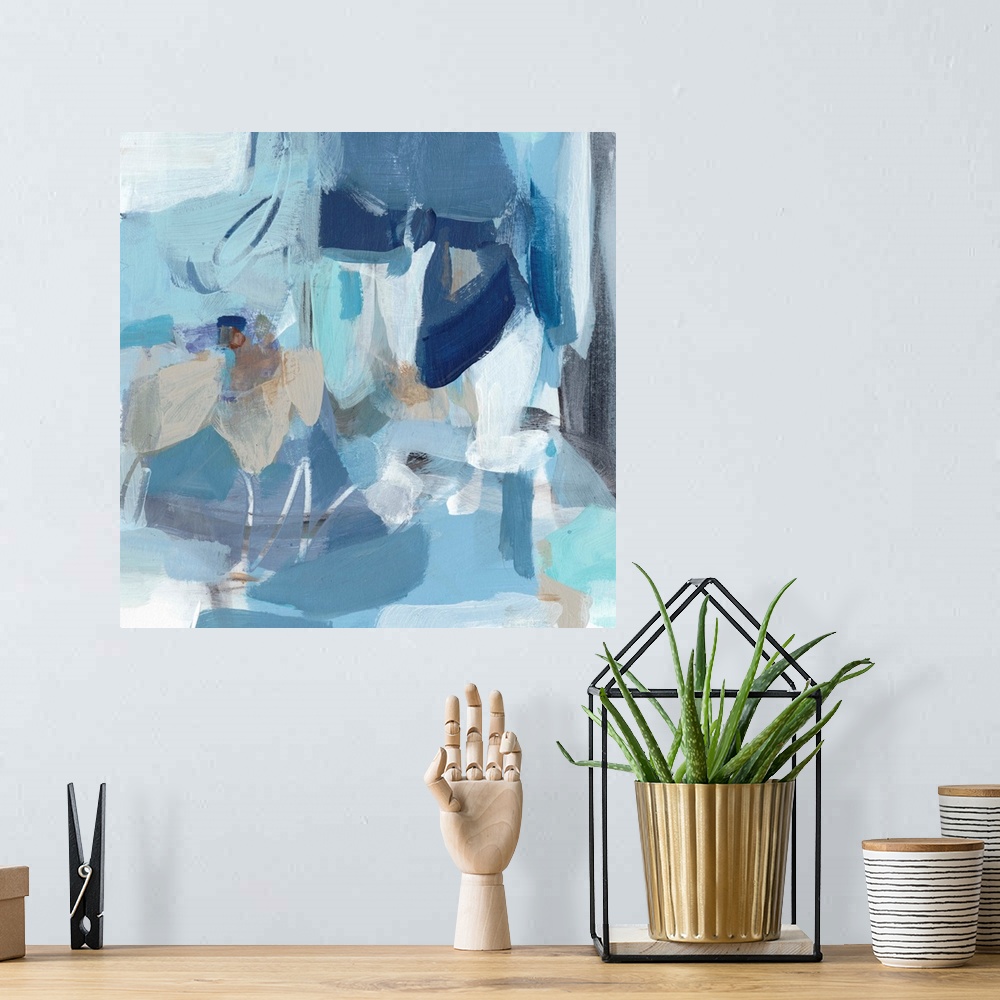 A bohemian room featuring Contemporary abstract painting using blue tones.