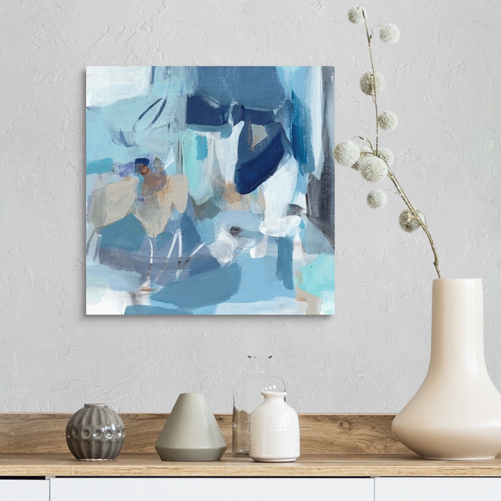 A farmhouse room featuring Contemporary abstract painting using blue tones.