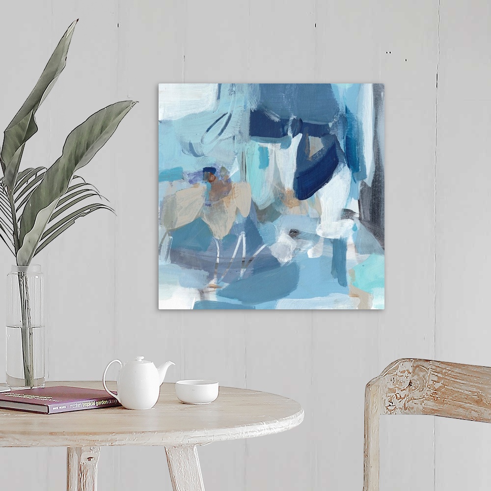 A farmhouse room featuring Contemporary abstract painting using blue tones.