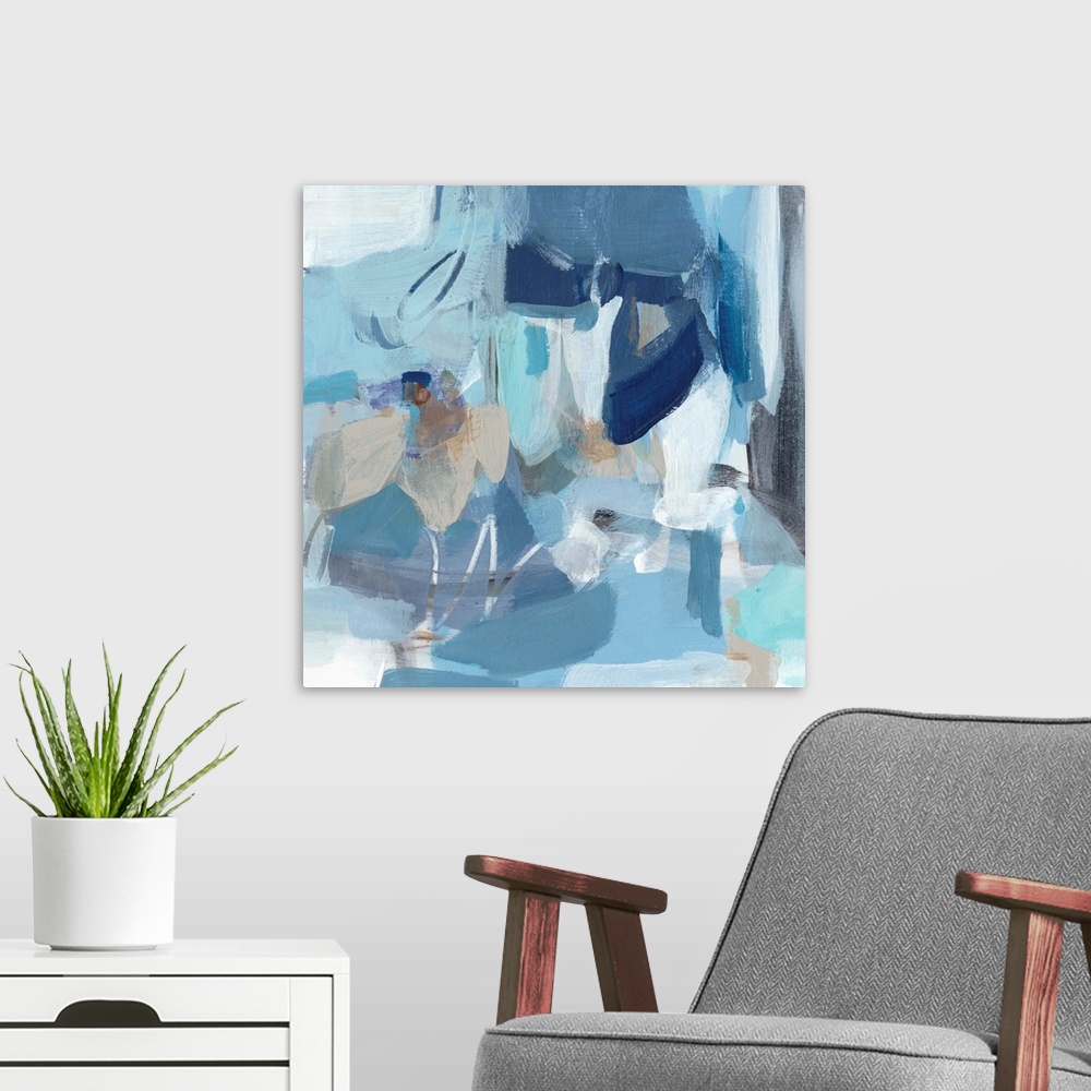 A modern room featuring Contemporary abstract painting using blue tones.