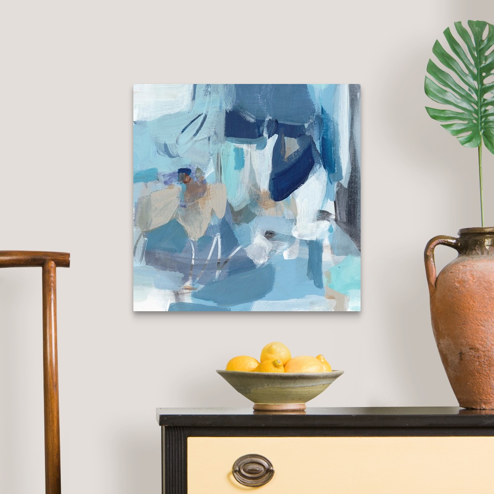 A traditional room featuring Contemporary abstract painting using blue tones.