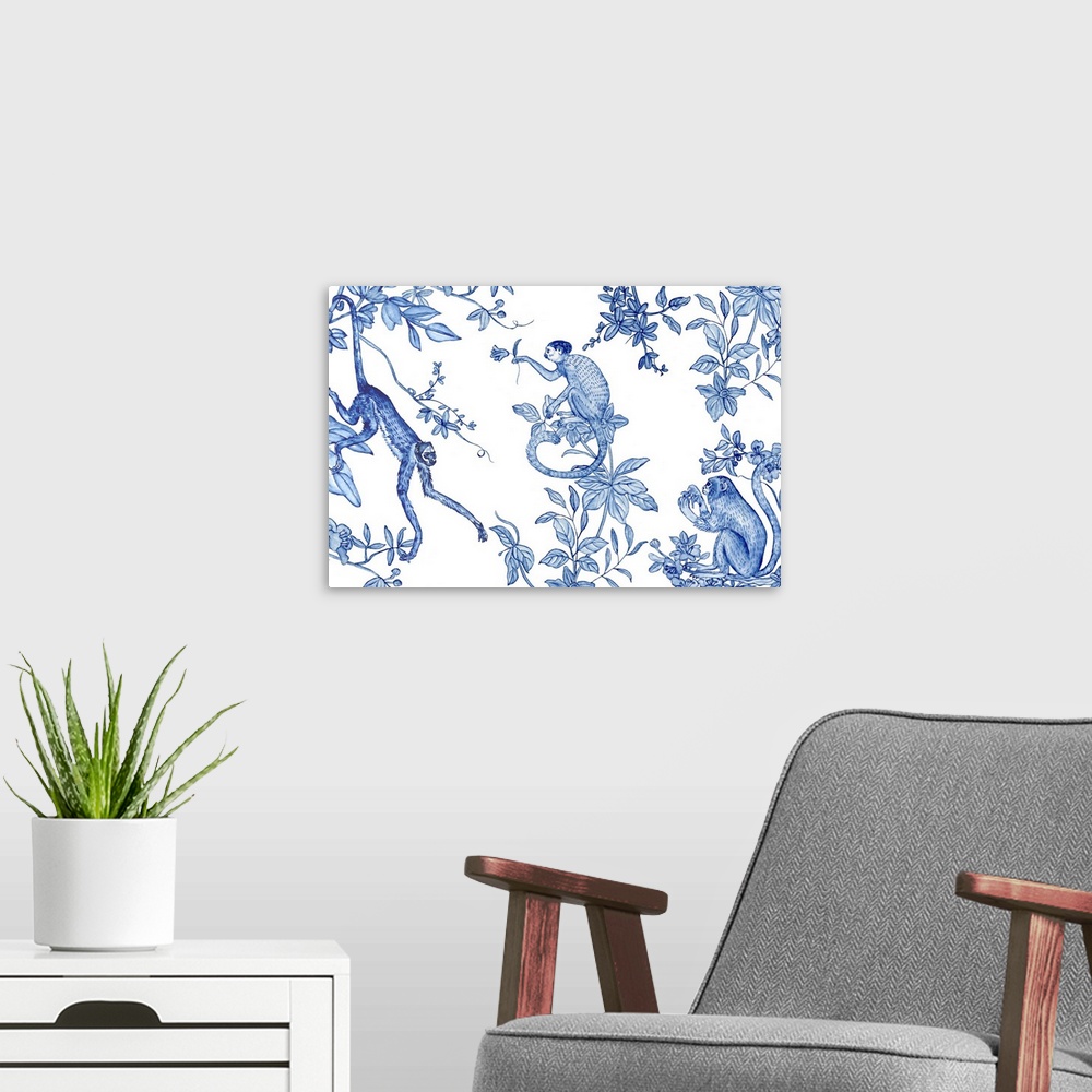 A modern room featuring Blue Monkey Land Toile I