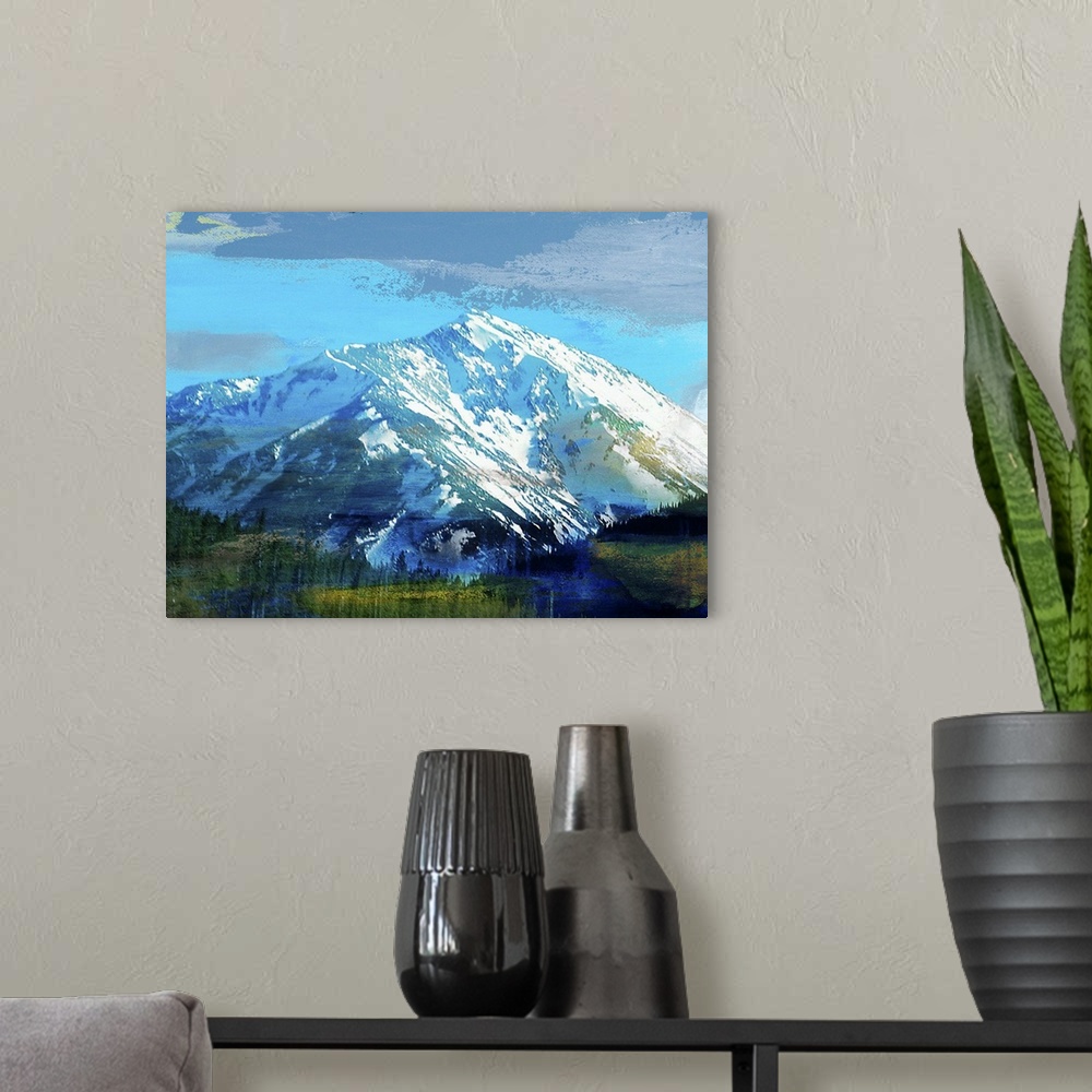 A modern room featuring A contemporary collage style artwork of sights of mountains mixed with splashes of paint and dist...