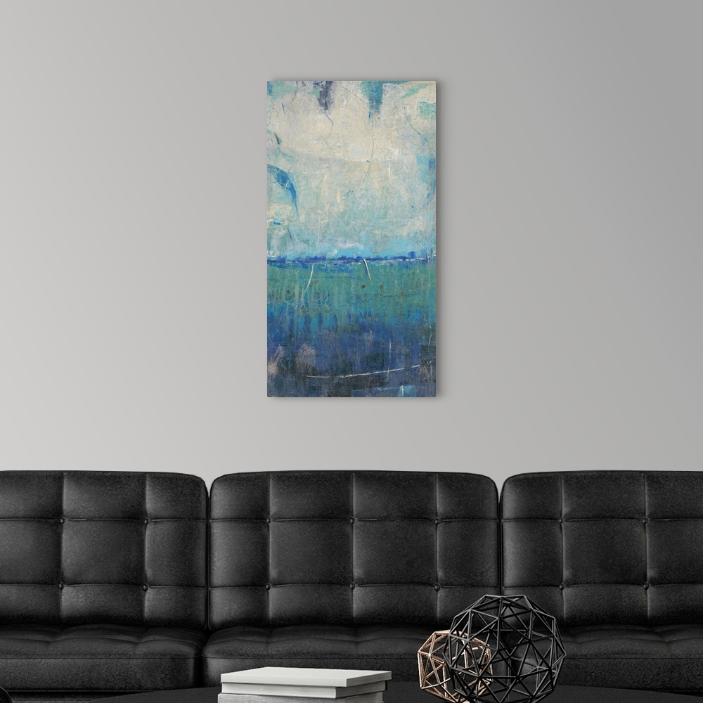 A modern room featuring Contemporary abstract artwork resembling a coastal landscape.