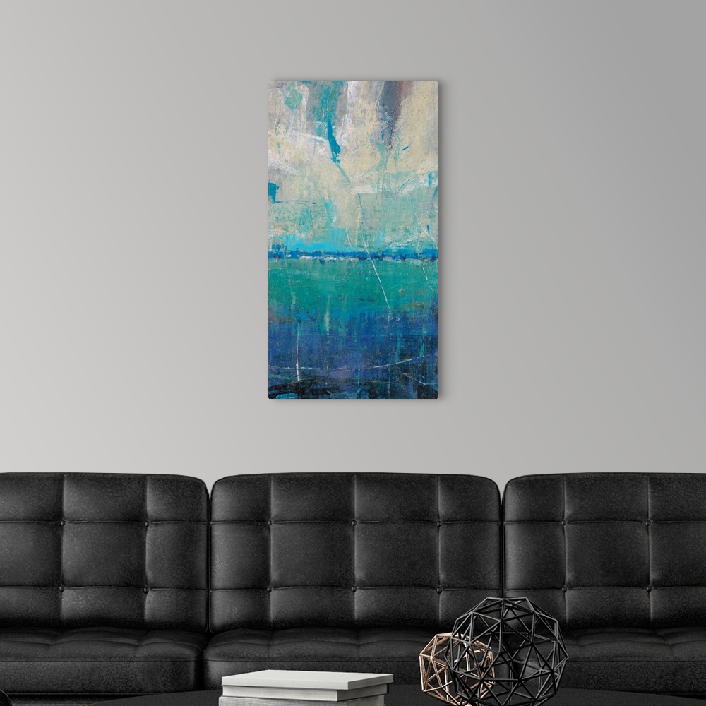 A modern room featuring Contemporary abstract artwork resembling a coastal landscape.
