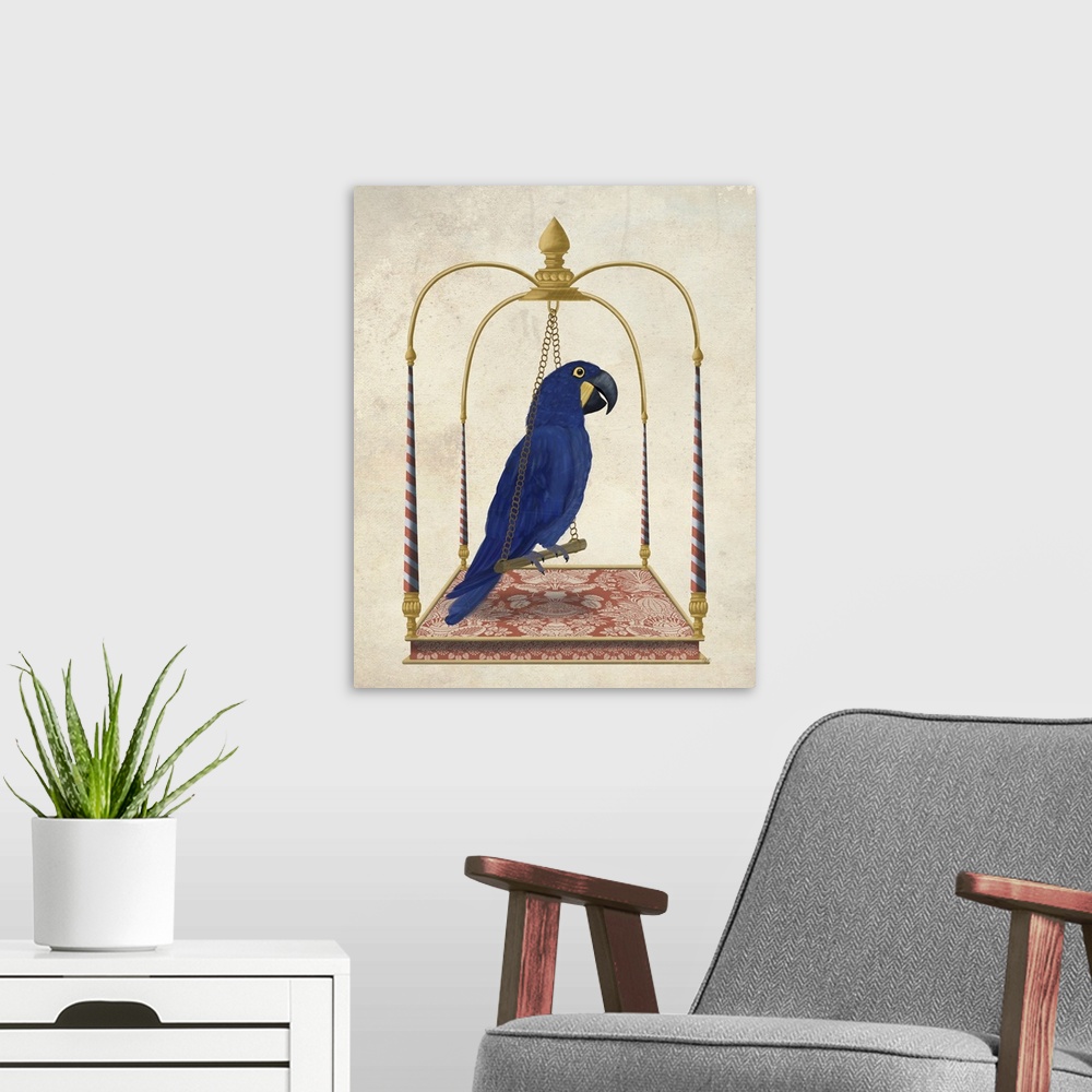 A modern room featuring Blue Parrot On Swing